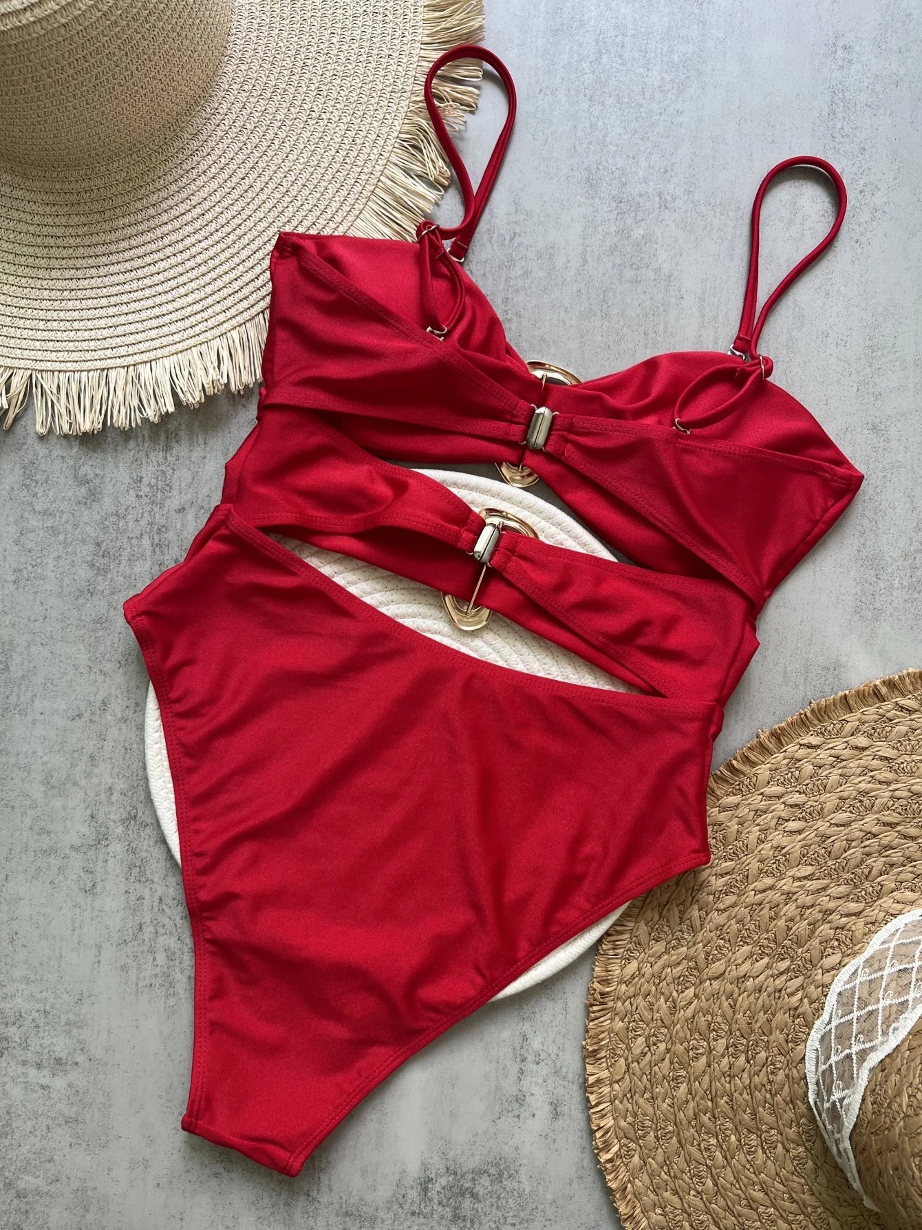 Sexy Red One Piece Swimwear Women Removable Shoulder Strap Ring Linked Bikini Monokini 2026 Backless Hollow Out Beach Swimsuit