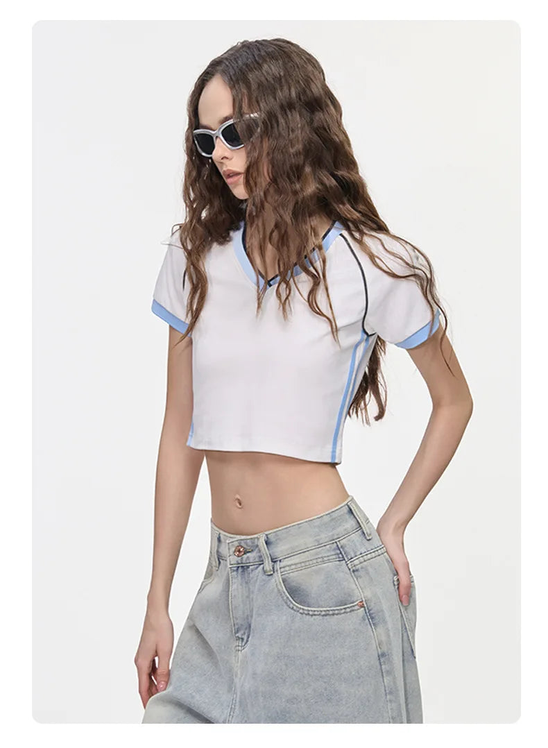 Hot girl top V-neck exposed navel contrasting color splicing clothes women's street short-sleeved T-shirt
