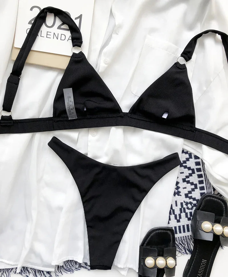 Ribbed Triangle High Cut Bikini Women Swimsuit Female Thong Swimwear Two Pieces Bikini Set Rings Bather Bathing Suit Swim Lady