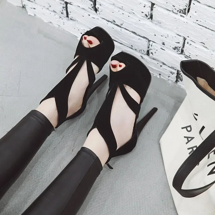 Summer New Pattern Europe and America Fashion Black Sexy Fine Heel Waterproof Fish Mouth High-heeled Women Sandals Size 34-43