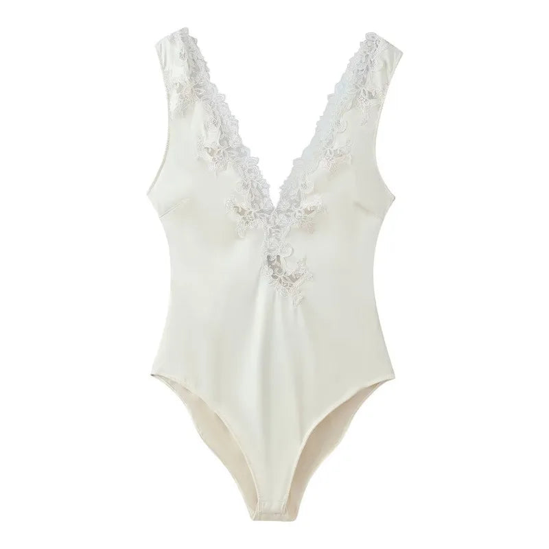 Women's Lace Satin Jumpsuit Elegant White Lace V Neck Bodysuit Sleeveless Satin Bodycon Top For Women Party Night Out Wear VN50