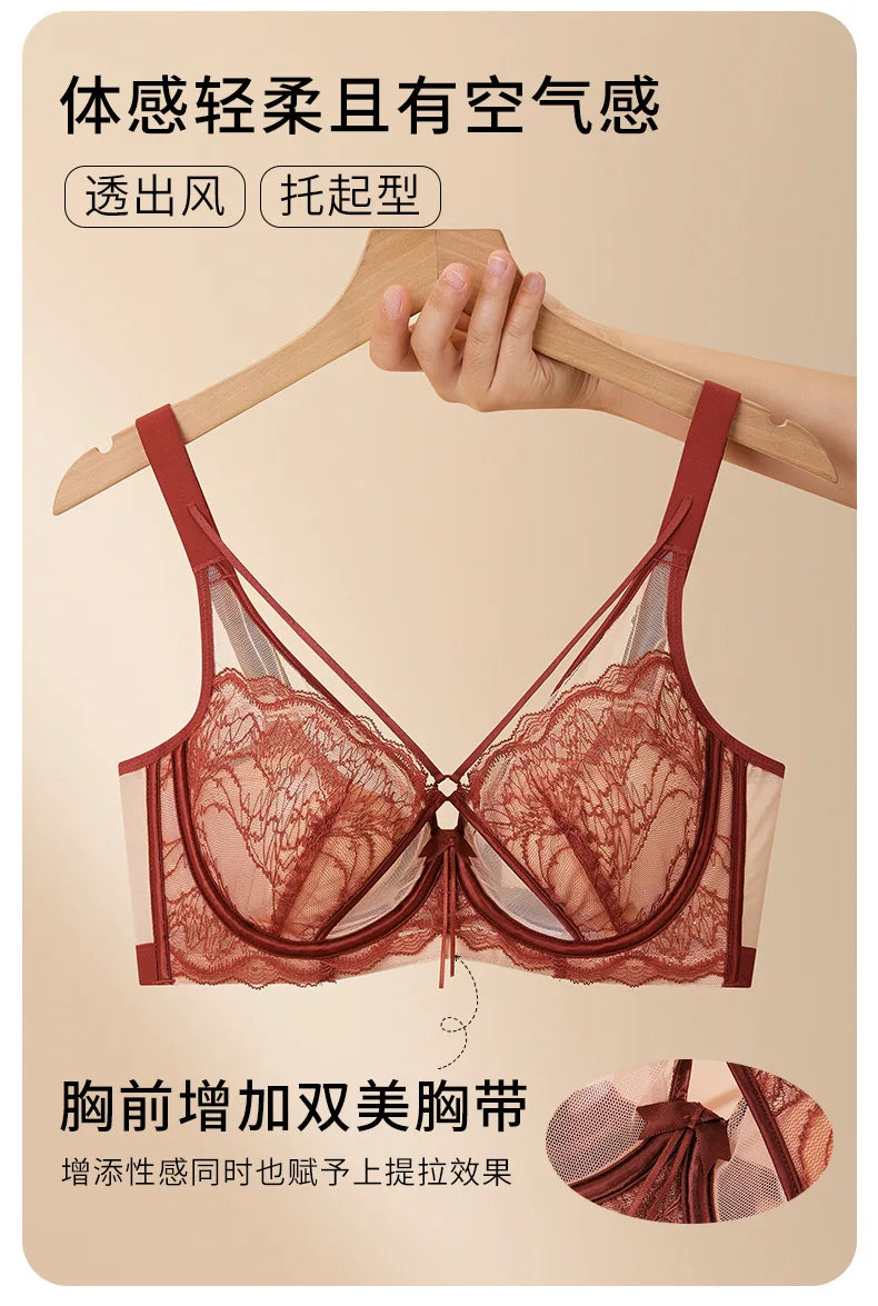 Women's French Pure Desire Lace Lingerie Set - Rabbit Ear Cup Thin Push Up Bra Minimizer for Large Bust