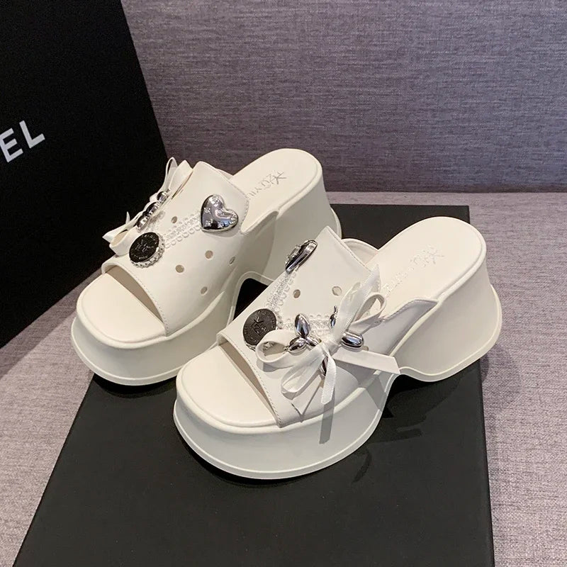 Metal Decor Chunky Platform Sandals Women 2026 Summer Open Toe High Heels Clogs Slippers Woman Bowknot Wedge Heel Sandles Female