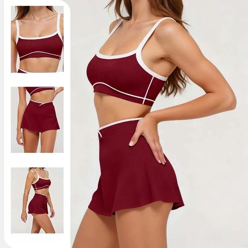 2 Pieces Women's Nude Yoga Set Bra Skirt Tracksuit Running Fitness Sports Set Slim Fit High Waist Beautiful Back Suit