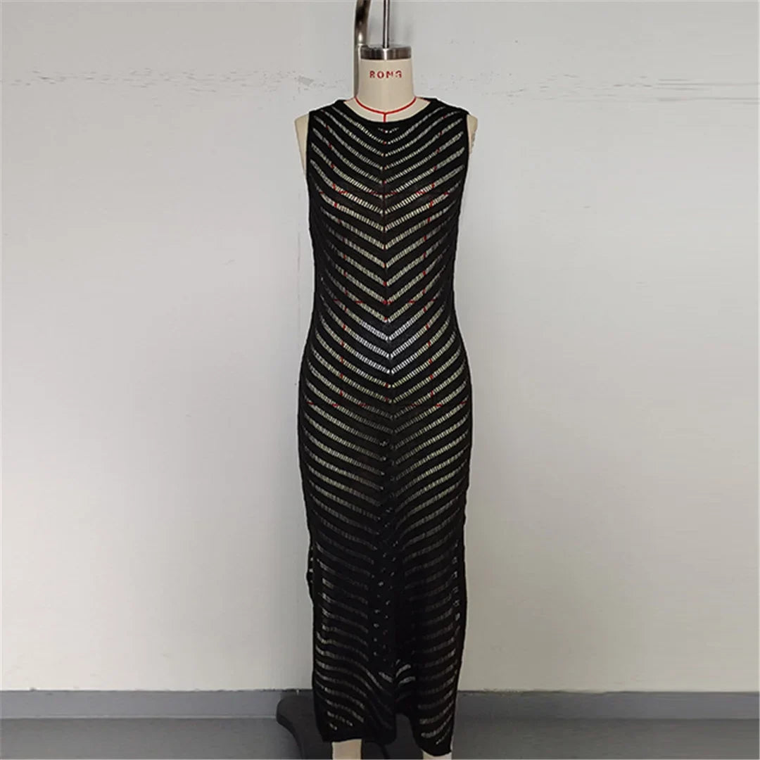 Hollow Out Sleeveless Crochet Knitted Tunic Beach Cover Up Cover-ups Mini Beach Dress Beach Wear Beachwear Female Women V6745