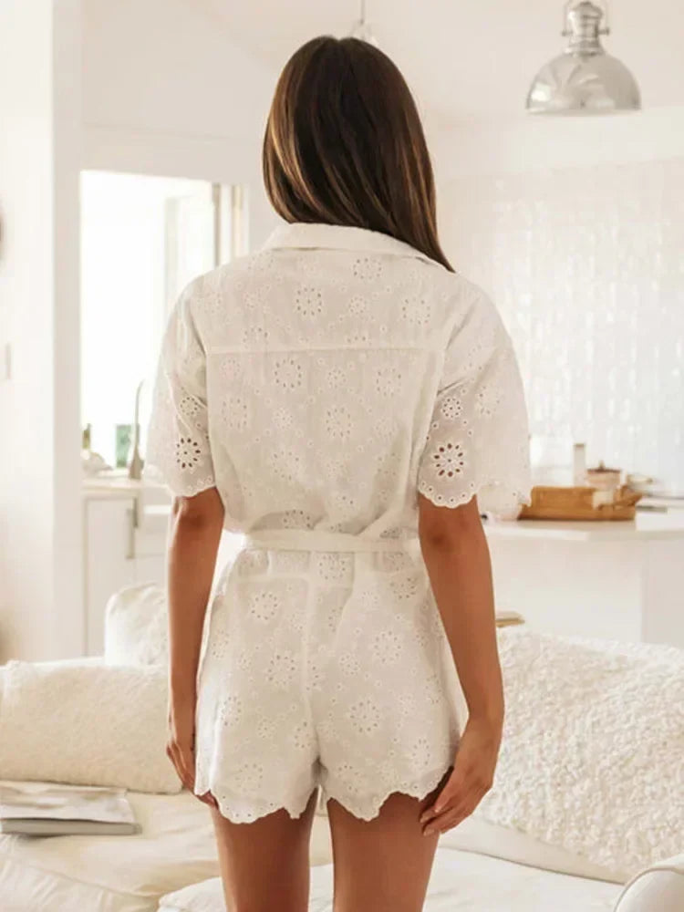 Lace Cotton White Romper Women Summer Spring Single Breasted Turn Down Collar Wide Leg Shirt Playsuit Embroidery Short Jumpsuit