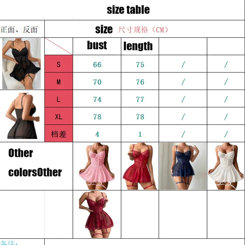 New Sexy Lingerie For Woman Women Lace Hollow Bodysuit Baby Doll Garters Dress Transparent  Deep V Open Bra And Panty Underwear