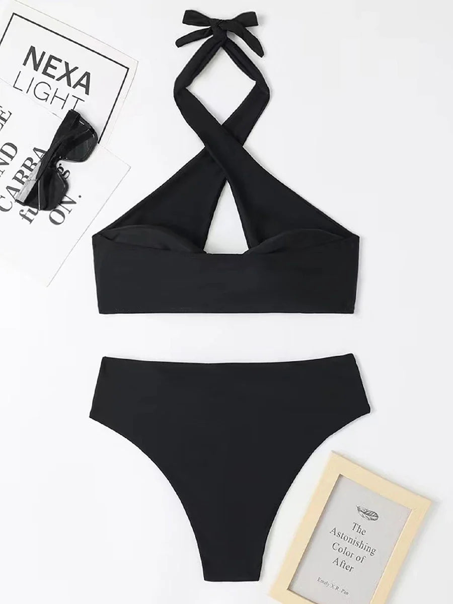 2026 Halter Bikini Solid Metal Link Swimsuit Women Hollow Out Swimwear Female Bathers Bathing Swimming Swim Suit Beachwear