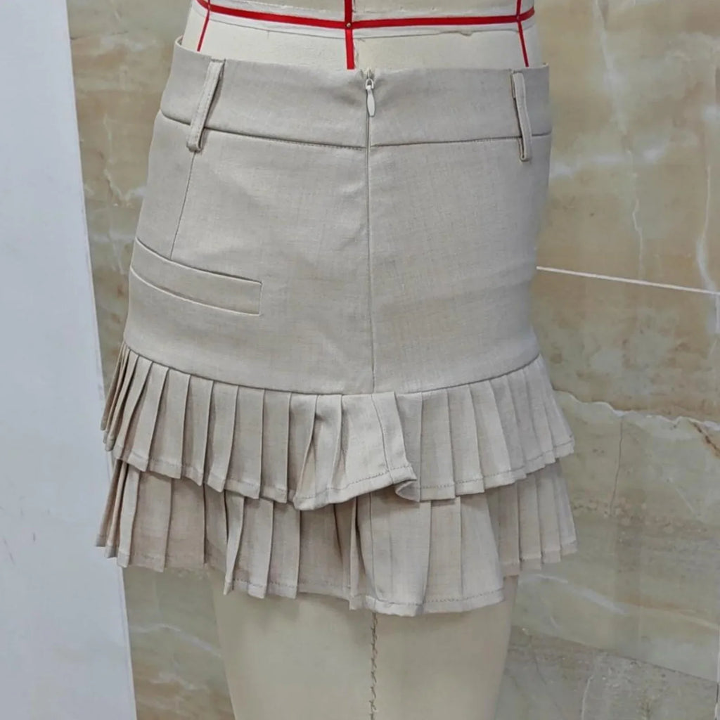 Pleated Mini Skirt for Women Summer Versatile Double Layered Hem Decorative Belt Short Skirts Trendy Mini Skirts for Daily Wear