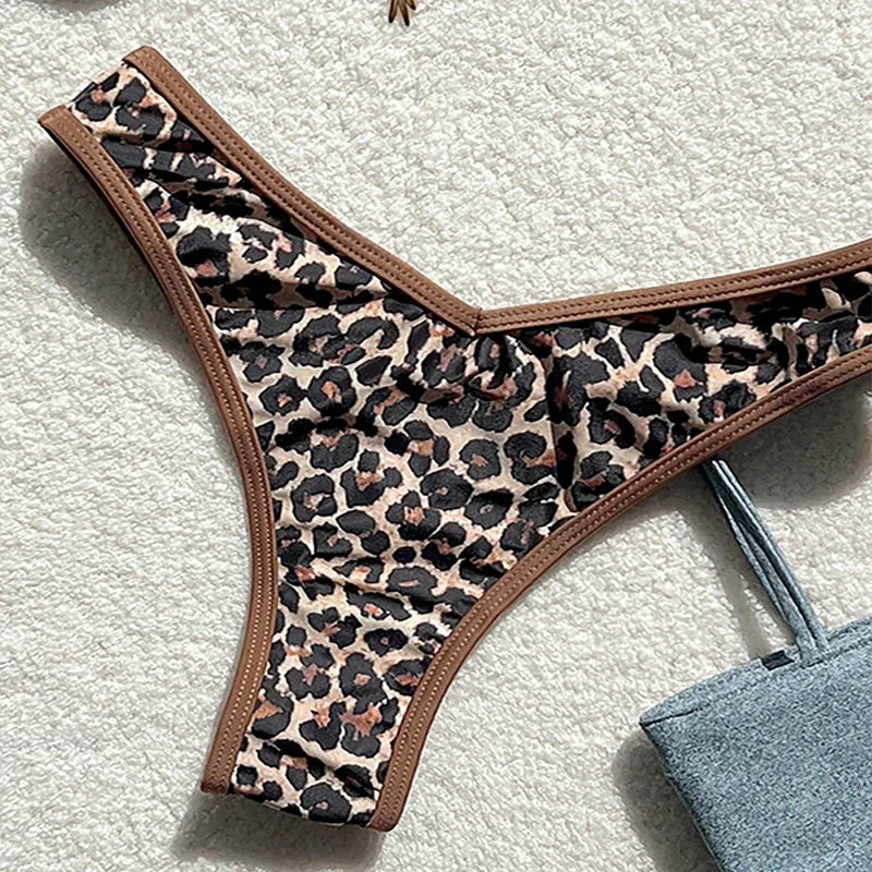 Sexy Leopard Print Bikini 2 Piece Set Women Laced Up Split Swimsuit Low Waist Beachwear 2025 New Summer Swimwear Bikinis Set