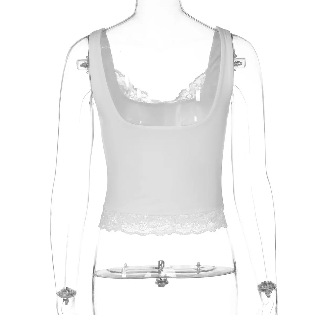 FDYOUI Sexy Lace Patchwork Tank Tops for Women Fashion Sleeveless Backless Cropped T-shirt Black White Y2K Skinny Corset Top