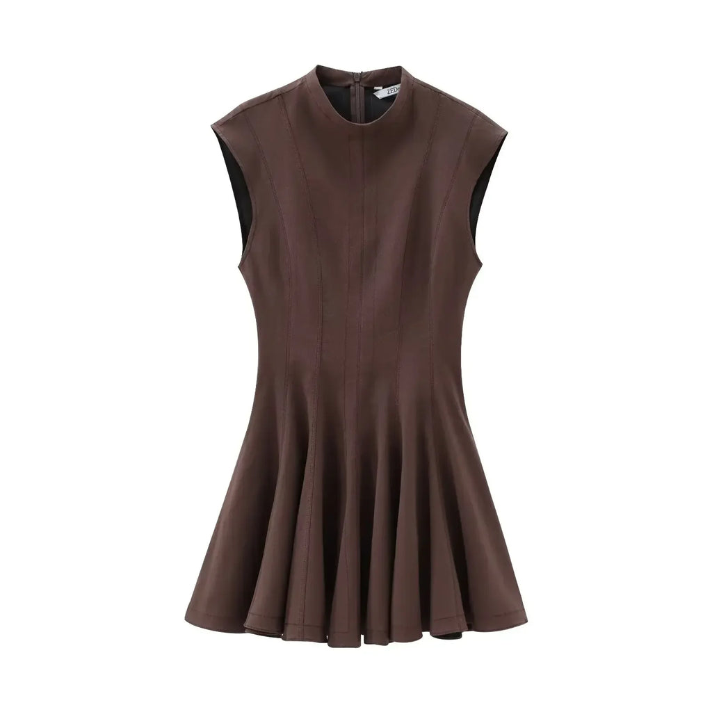 Foridol Stand Collar Sleeveless Pleated Tank Dress for Women Brown Casual Short Autumn Winter Dress Zip Black Ladies Vestidos