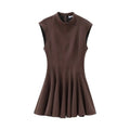 Foridol Stand Collar Sleeveless Pleated Tank Dress for Women Brown Casual Short Autumn Winter Dress Zip Black Ladies Vestidos