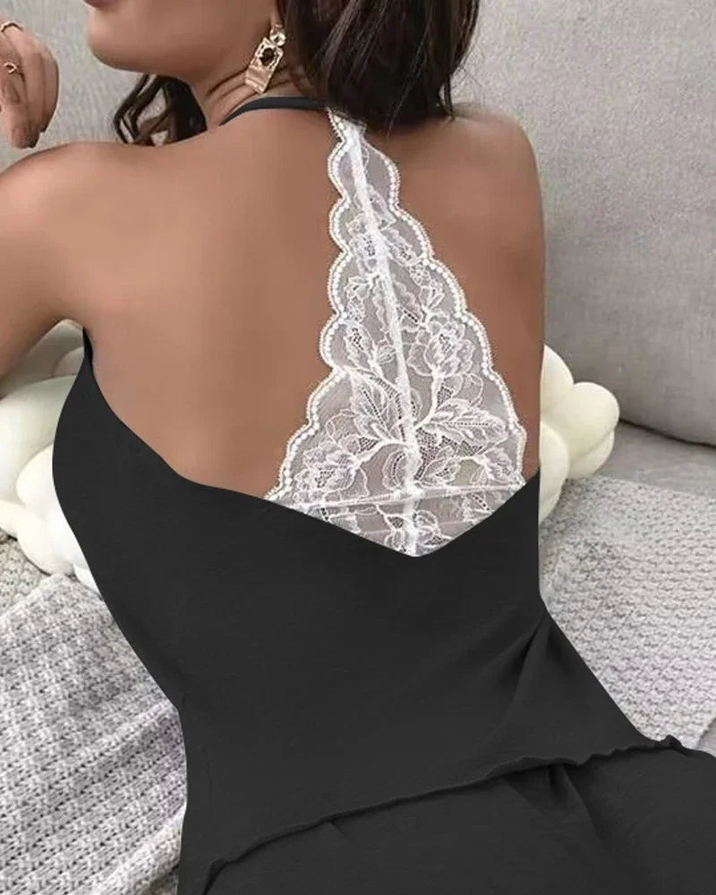 Summer Crochet Lace 2 Pieces Pajamas Set for Women Sleepwear Sleeveless V-Neck Tops and Shorts Casual Suit