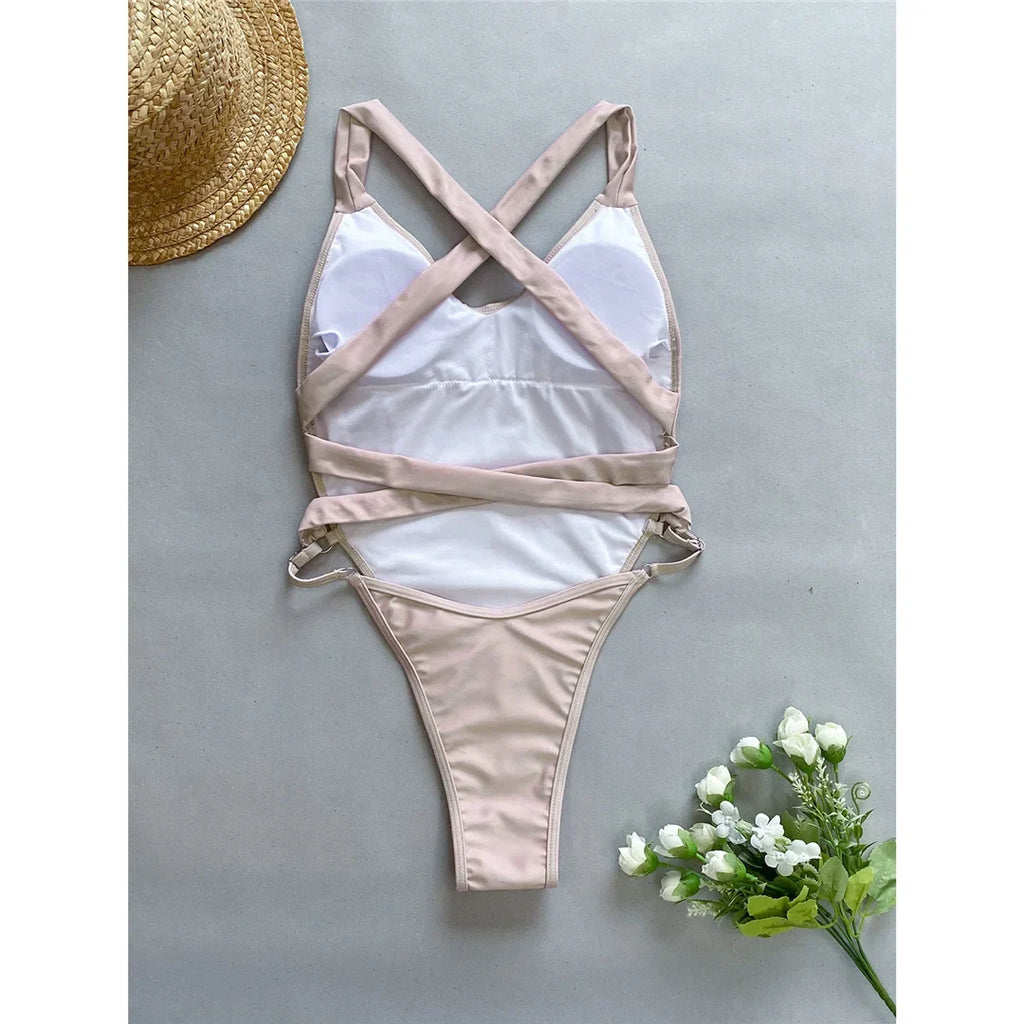 Sexy Splicing V Neck Cross Back Women Swimwear One Piece Swimsuit Female High Leg Cut Monokini Bather Bathing Suit Swim V5261
