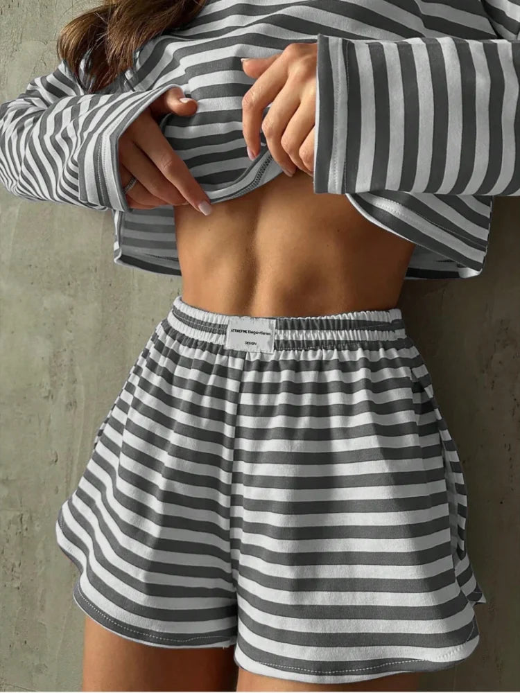 Summer Striped Pajama Sets for Women Sleepwear Long Sleeve Top and Shorts 2 Piece Set Casual Home Wear Loungewear