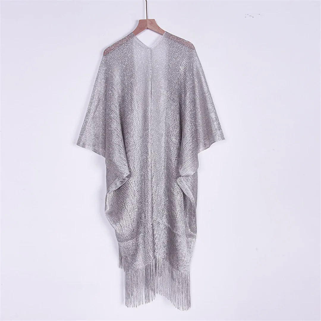 Sexy Fringe Tassel Mesh Sheer Shiny Knitted Tunic Beach Cover Up Cover-ups Beach Dress Beach Wear Beachwear Female Women V3321