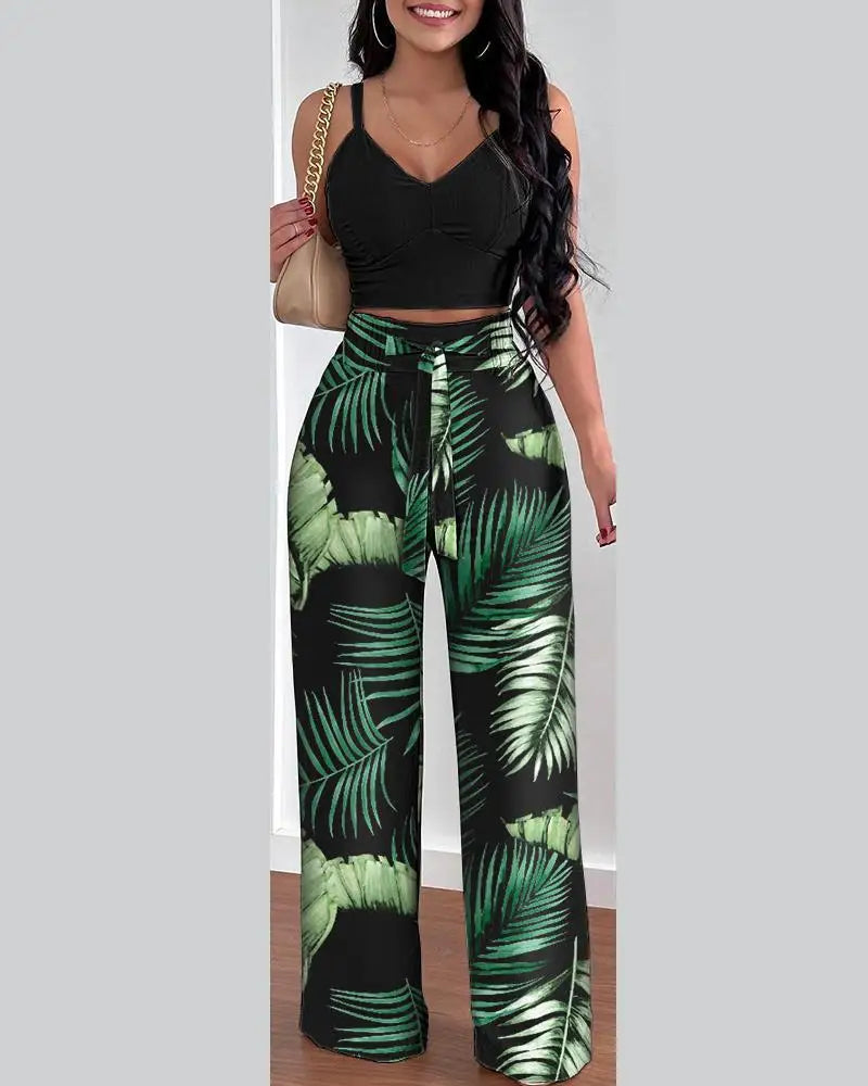 Women's Two Piece Sets Fashion Print Halter V-Neck Short Tank Suit Tops Long Pants Matching Set Summer Casual Female Slim Pants