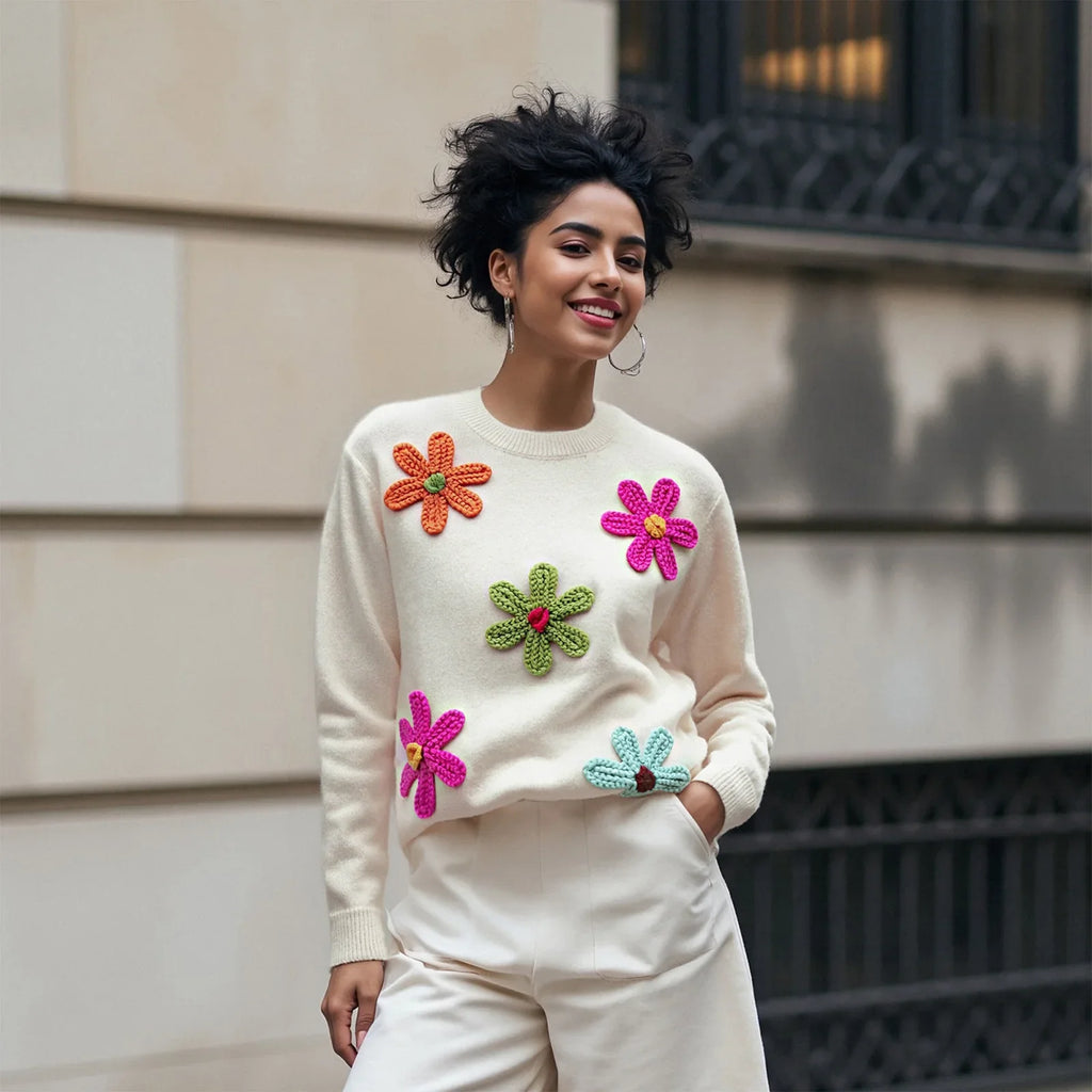 Women Knitted Flower Sweater Casual Crew Neck Long Sleeve Pullover Tops Cute Winter Fall Loose Knitwear