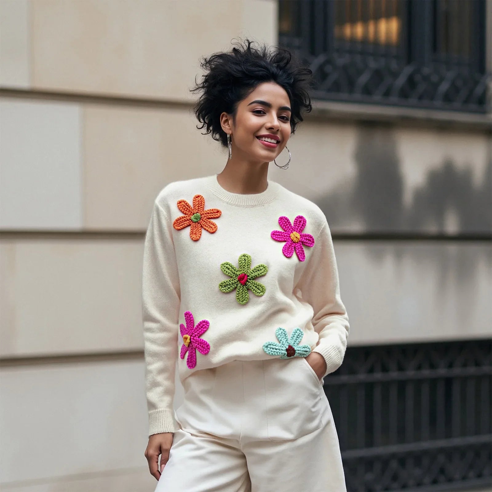 Women Knitted Flower Sweater Casual Crew Neck Long Sleeve Pullover Tops Cute Winter Fall Loose Knitwear