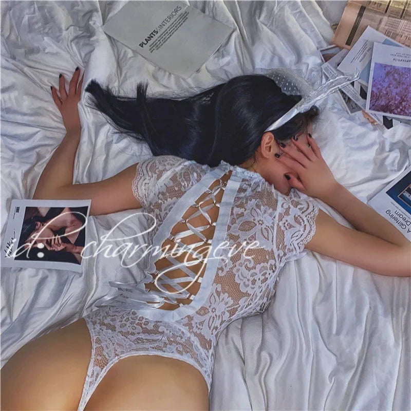 White Sweet Korean Lace Transparent Mesh Flowers Sexy Backless Bandage Top Hot Korean Women Summer Bodysuits Rompers FJ8U