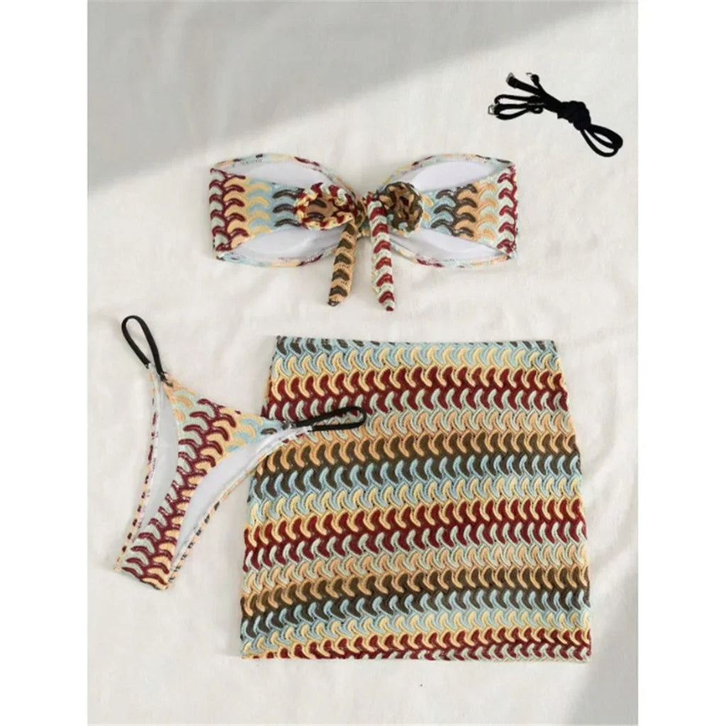 S - XL New Waves Printed With Skirt Bikini Women Swimwear Female Swimsuit Three-Pieces Bikini Set Bather Bathing Suit Swim V7929