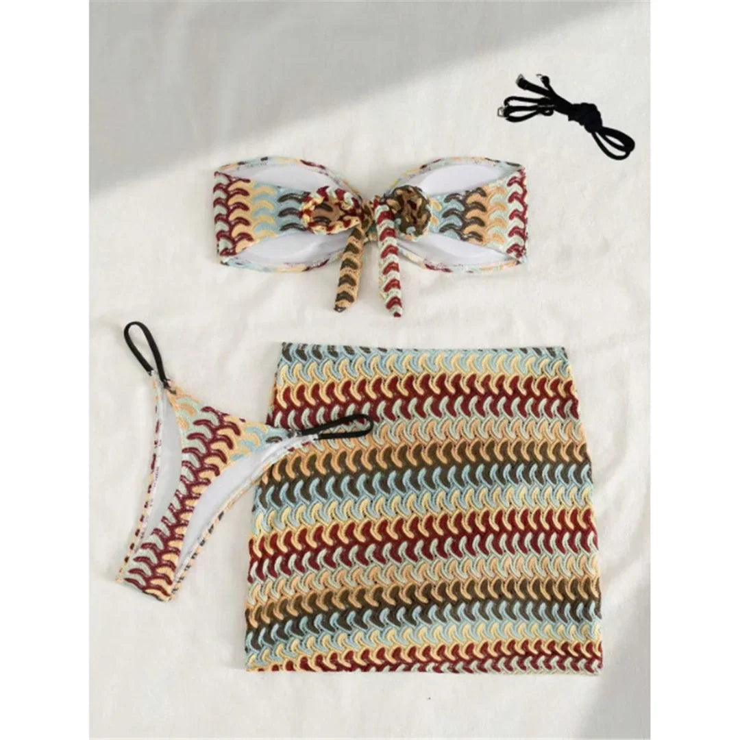 S - XL New Waves Printed With Skirt Bikini Women Swimwear Female Swimsuit Three-Pieces Bikini Set Bather Bathing Suit Swim V7929