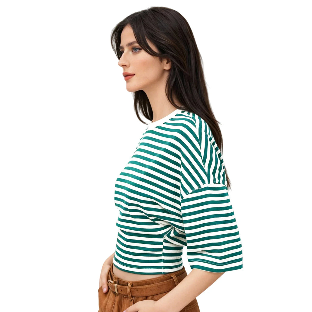 Women Summer Fashion Casual Elbow Sleeve T-Shirts Stripe Cinched Waist Crew Neck Tops Streetwear