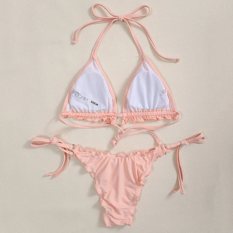 2026 Ribbed Ruffled Frilled Brazilian Bikini Women Swimsuit Female Swimwear Two Pieces Bikini Set Halter Bathing Suit Swim Lady
