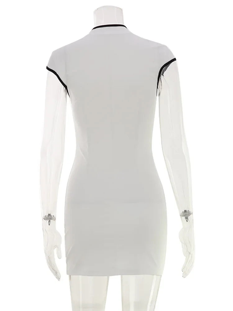 Ahagaga Dresses for Women Sexy Patchwork Hollow Out Cap Sleeve O Neck Sheath Bodycon Slim Casual Club Party Outfits Vestidos