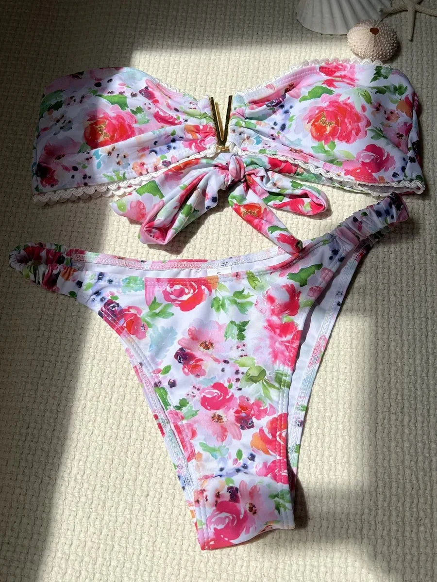 Sexy Flowers Printed V Shaped Bandeau Bikini Women Swimwear Female Swimsuit Two-pieces Bikini set Bather Bathing Suit Swim Lady