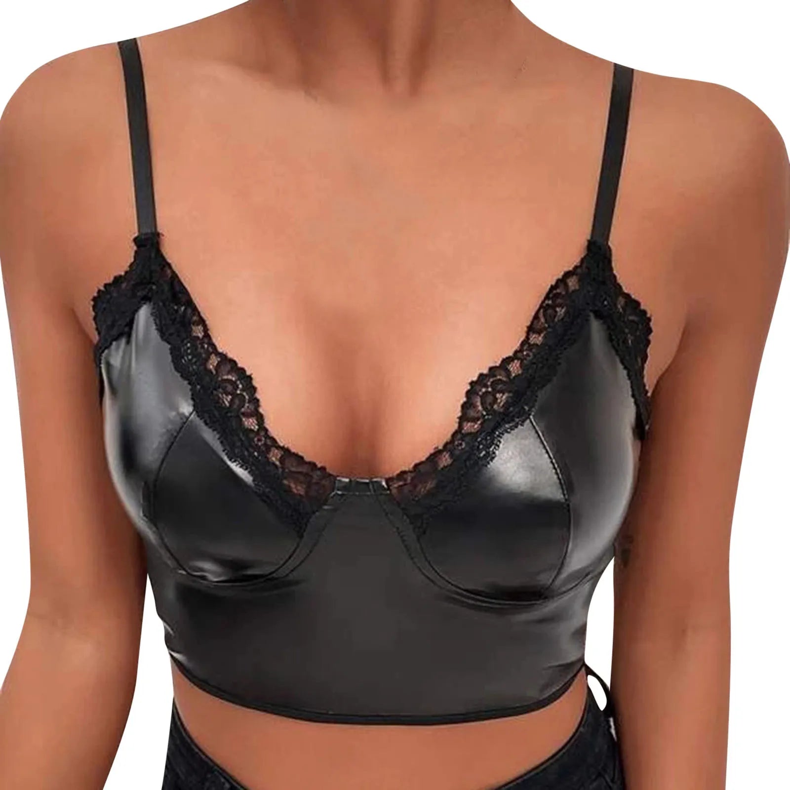 Womens Black Faux Leather Lace Trim Cami Tops Spaghetti Strap V Neck Bustier Crop Top Shiny Wet Look Camisole Sexy Nightclub Top