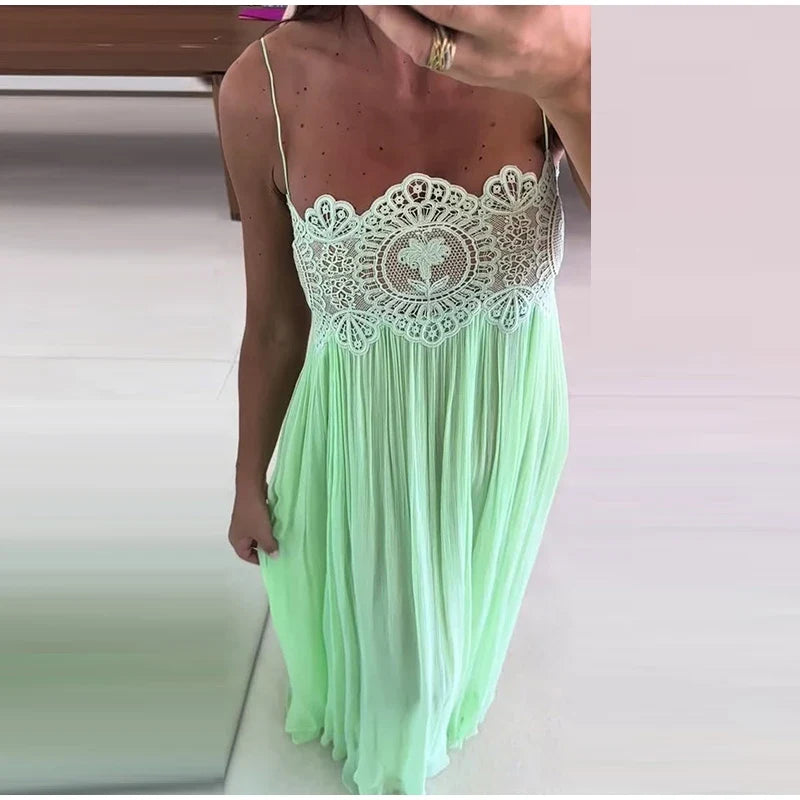 Women Pant Set Sheer Layers Spaghetti Strap Backless Lace Top Straps Solid Loose Straight Elastic Hem Fashion Beach Chic Suits