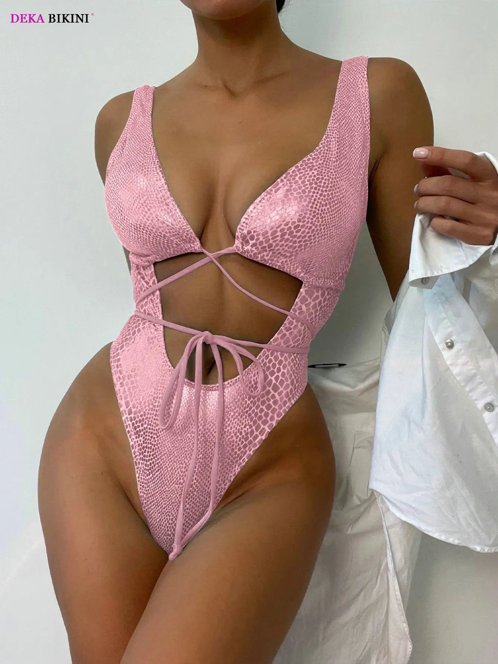 DEKA Women's Mesh Patchwork One Pieces Swimwear Sexy New Hollow Out High Cut Bandage Swimsuit Monokini Push Up Bikini