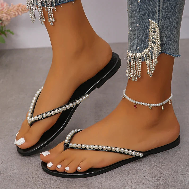 Summer Beach Pearl Decor Flip Flops Women Fashion Black Flat Clip Toe Slippers Female Plus Size Non Slip Pu Leather Slides Mujer