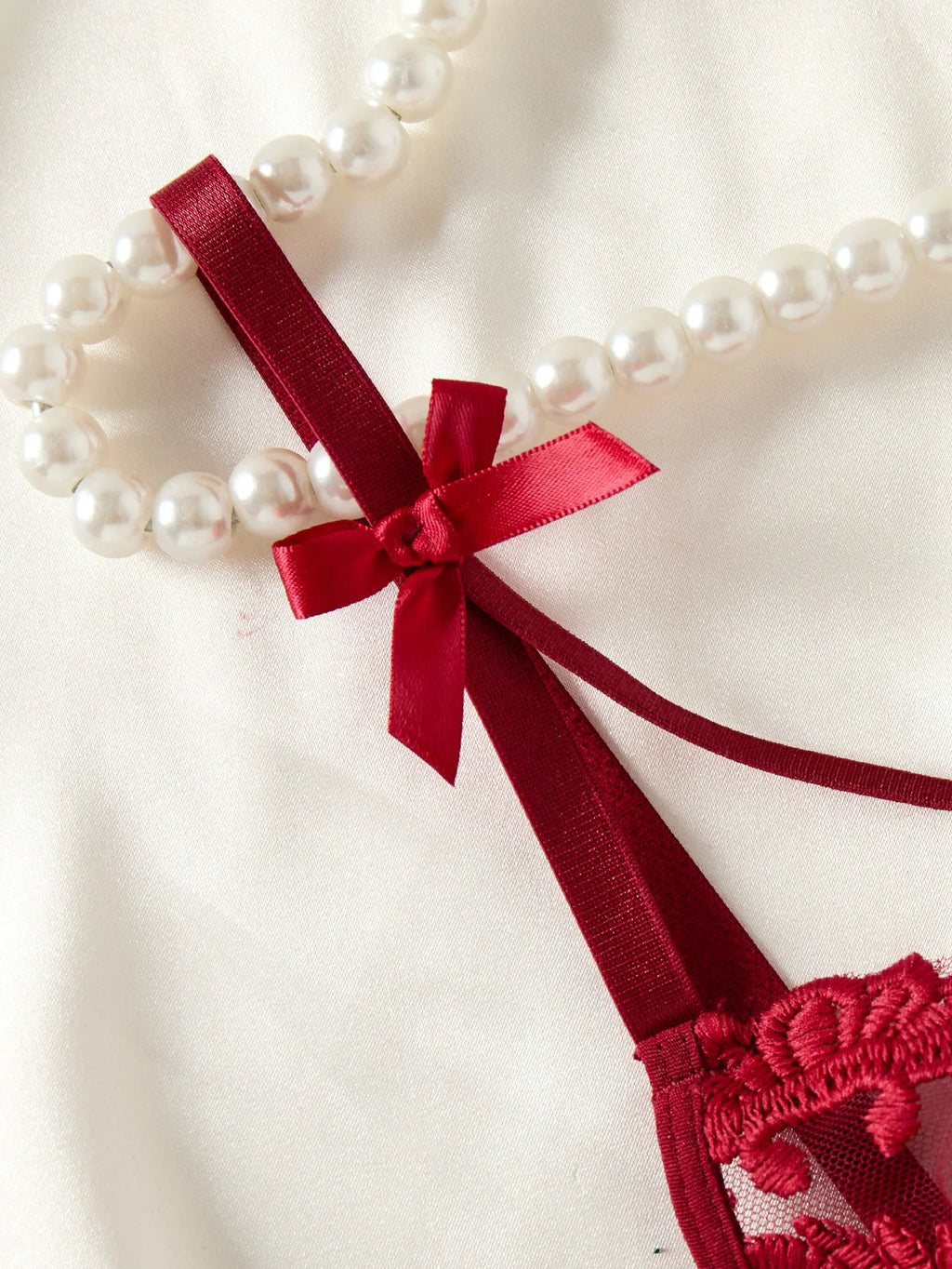 Ladies' Wine Red Countryside Style Wheat Ear Embroidery Semi Transparent Nightgown, Elegant and Comfortable, Bow Design ZA825066