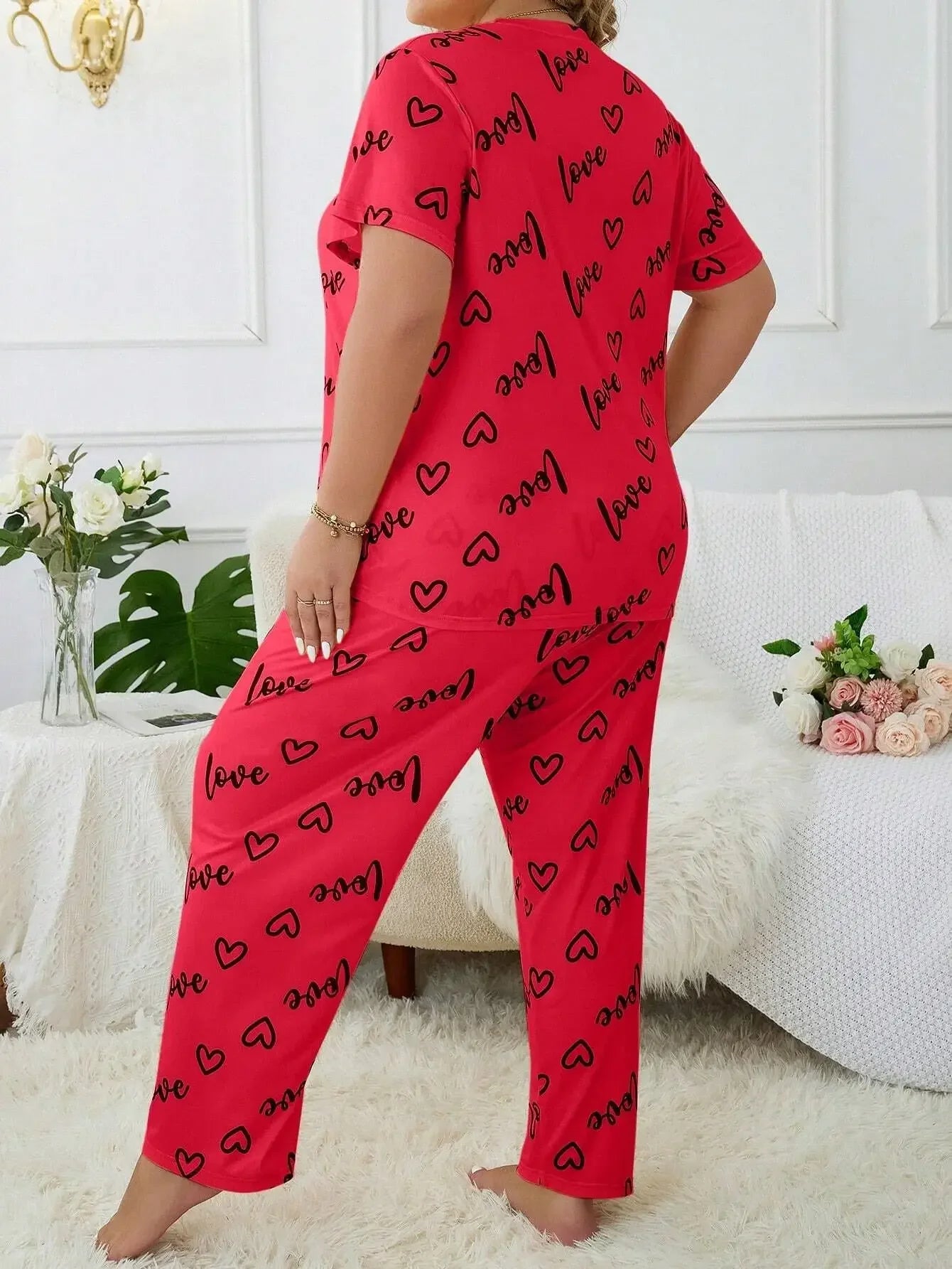 Plus Size 3XL 4XL 5XL Sleepwear Heart Letters Print 2 PCS Pajama Set Women's Casual Short-Sleeve Top and Pants Loungewear