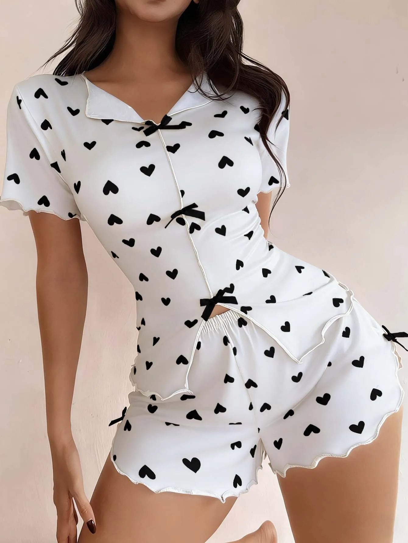 Women's Sleepwear Pajama Set Top and Shorts 2-piece Pajama Set Love Printed Lapel Bow Women's Loungewear