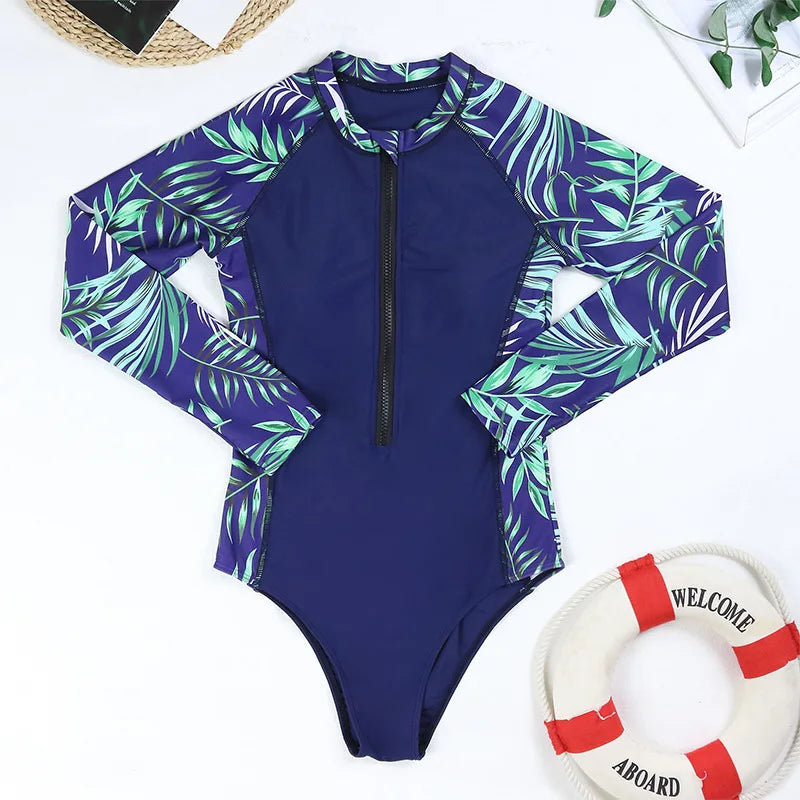 Women Two Pieces Vintage Print Rash Guard Swimwear Long Sleeve Shirt Shorts Surf Top Retro Print Running Shirt Split Swimsuit