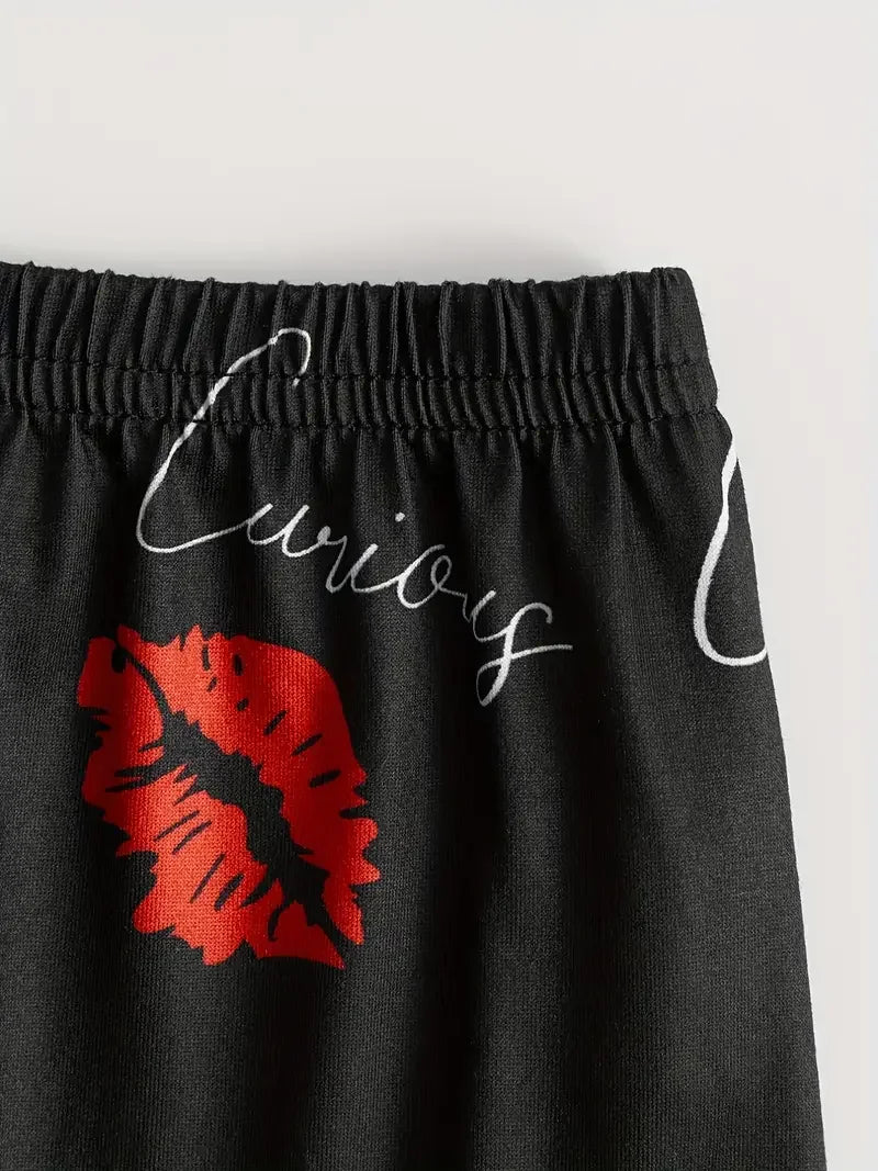 Women Sleepwear Red Lip Print Pajama Set Scoop Neck Cami Top & Elastic Waistband Shorts Sets Summer Loungewear