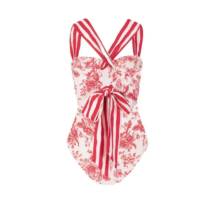 2Pc Striped One Piece Swimsuit 2025 Sexy Bandeau Push up Bikini with Bow Tie Female Swimwear Cover up Beachwear for Women