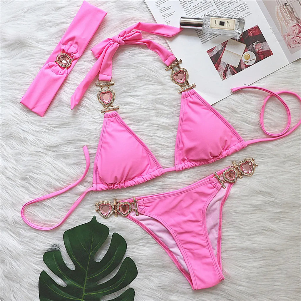 Diamond Rhinestone Bikini  Female Swimsuit Women Swimwear Two-Pieces Bikini Set With Hairbands Bather Bathing Suit Swim V3047G