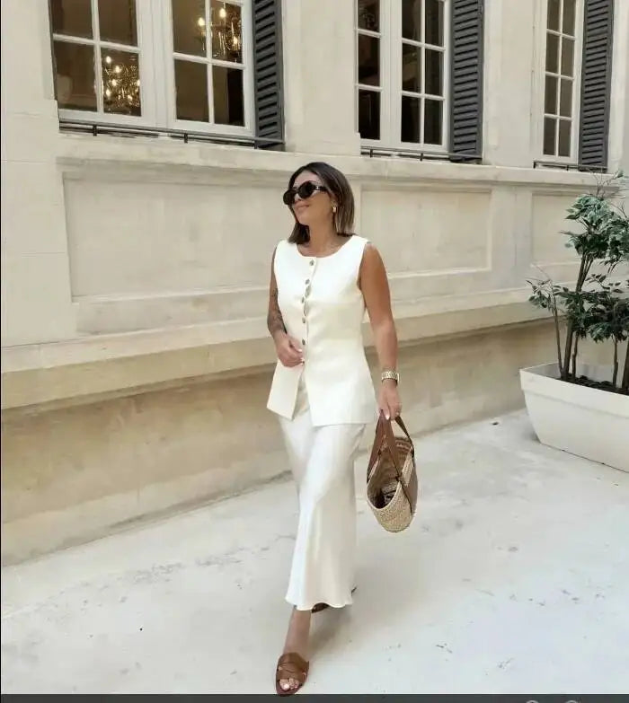 Women's Sleeveless Knit Top With Metal Buttons White Sleeveless Button Down Vest And Maxi Skirt Two Piece Set For Women S7XY