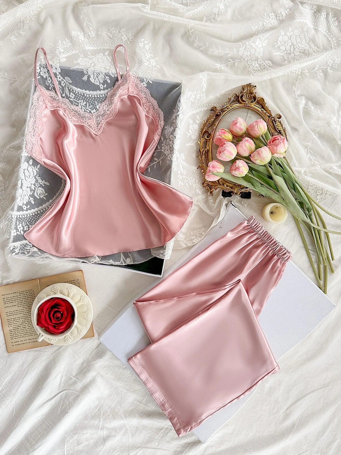 Two Piece Women's Pajamas Set with V Neck Lace Design Top Long Pants Fashionable And Comfortable For Spring And Summer Seasons
