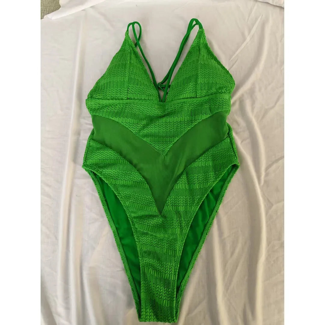 S - XXL 5 Colors V Neck Mesh Sheer Women Swimwear One Piece Swimsuit Female High Leg Cut Monokini Bather Bathing Suit Swim V6168