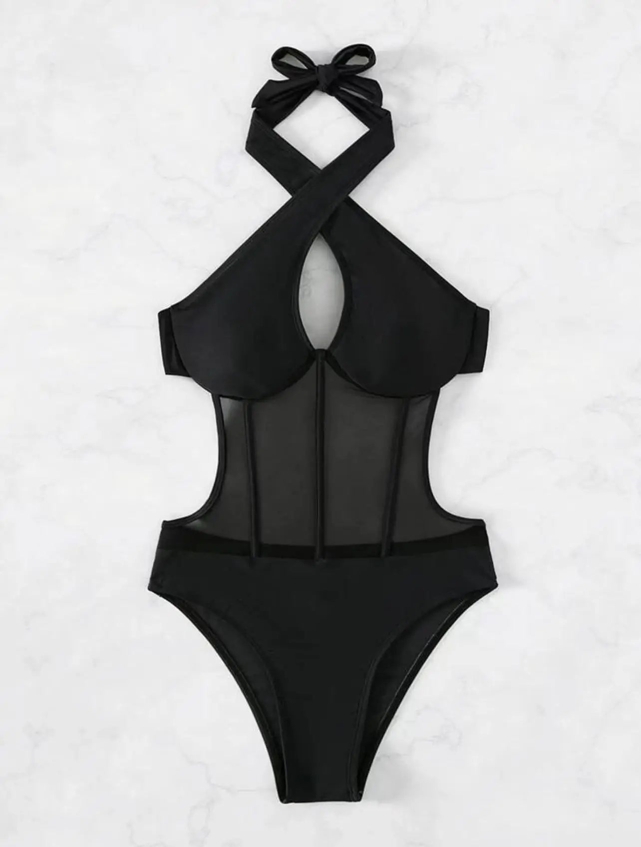 One Piece Bikini Women 2026 Grenadine Solid black Cross Bandage Hollow Out Swimwear Beach Backless Bathing Suit Monokini