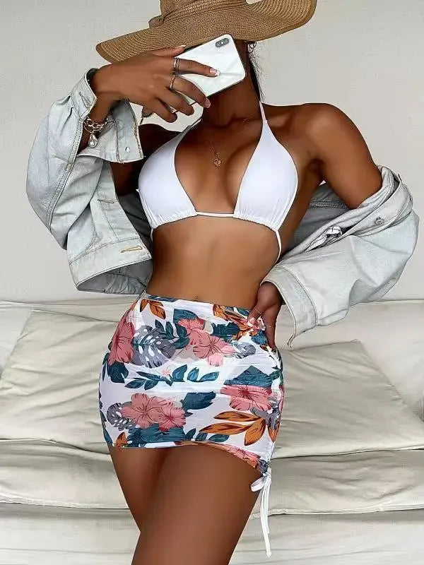 Sexy Three-piece Bikini Set Women Swimwear Swimsuit Triangle Halter Flower Print Skirt Beach Bikinis Set Bathing Suit 2026 New