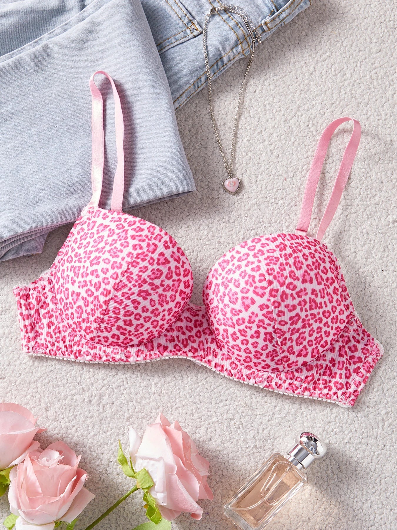 Single Piece Pink Leopard Print Bra Adorable Daily Wear Gathered Effect Feminine Underwear Comfortable Bra for Women