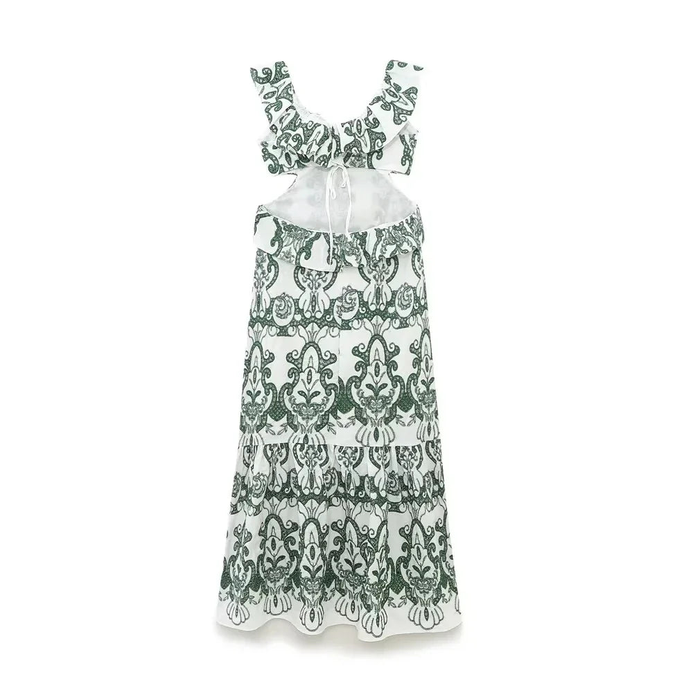 Vintage Flower Embroidery Summer Maxi Dress Women Bakless Tie Up Ruffles Long Beach Vestidos Sexy Tank Party Dresses Sundress