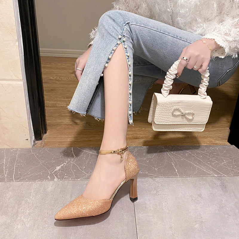 ZOKI Bling Gold Silver Women's Pumps 2024 Sexy Point Toe Thin Heel Party Wedding Shoes Woman Summer Ankle Strap High Heels Shoes